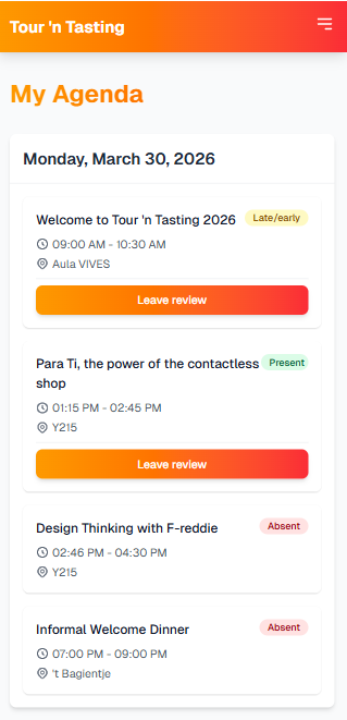 Mobiele weergave van de persoonlijke agenda in het Tugende eventplatform